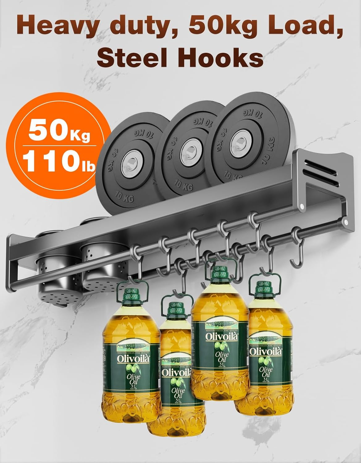 Utensil Hanger, Wall Mounted Kitchen Rail with Hooks, Waterproof Hooks for Kitchen Utensils, Easy Installation without Drilling (23.6 Inches, Cup, 1)