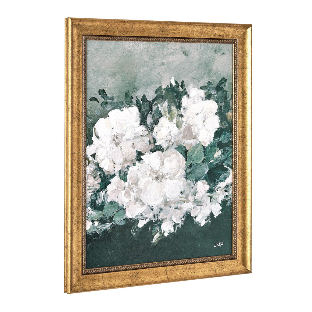 Spring Beauty White Floral Wall Art – Brush Texture Print in Antique Gold Frame – Elegant Flower Art, 16X20