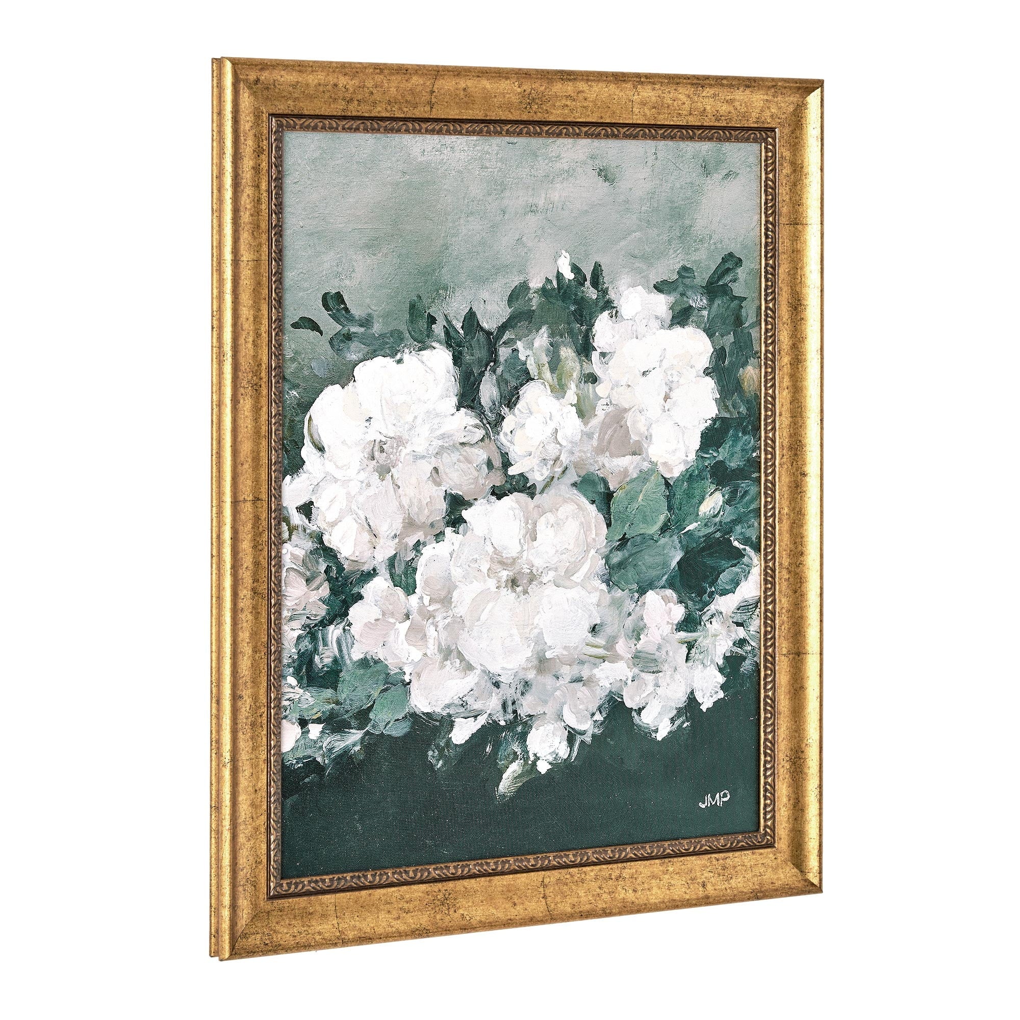 Spring Beauty White Floral Wall Art – Brush Texture Print in Antique Gold Frame – Elegant Flower Art, 16X20
