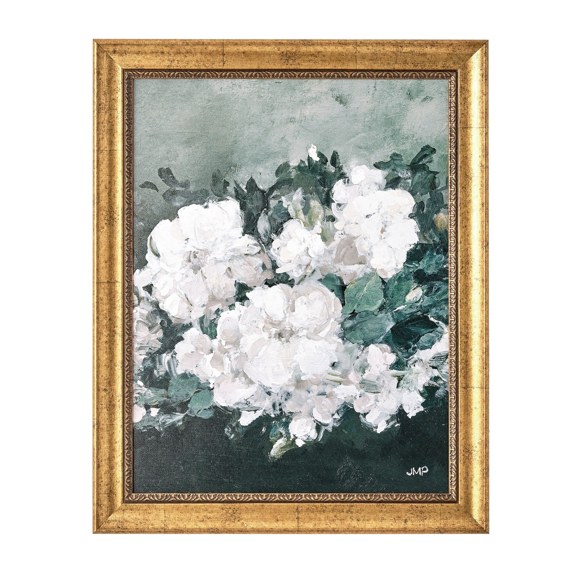 Spring Beauty White Floral Wall Art – Brush Texture Print in Antique Gold Frame – Elegant Flower Art, 16X20