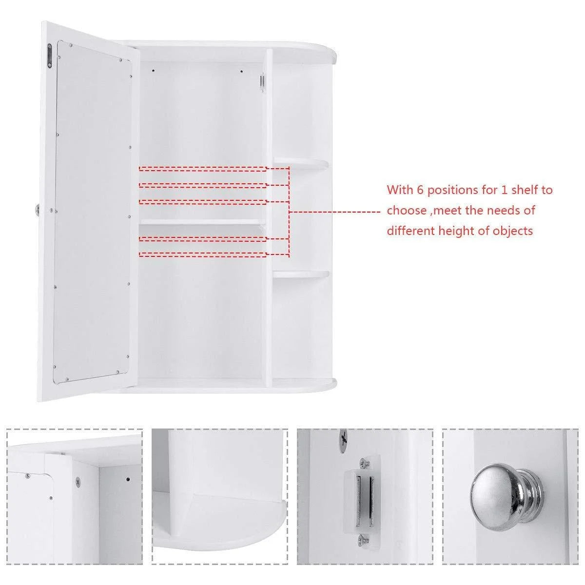 Wooden Bathroom Medicine Cabinet with Mirror Door & 8 Shelves, Wall Mounted Storage Organizer, White