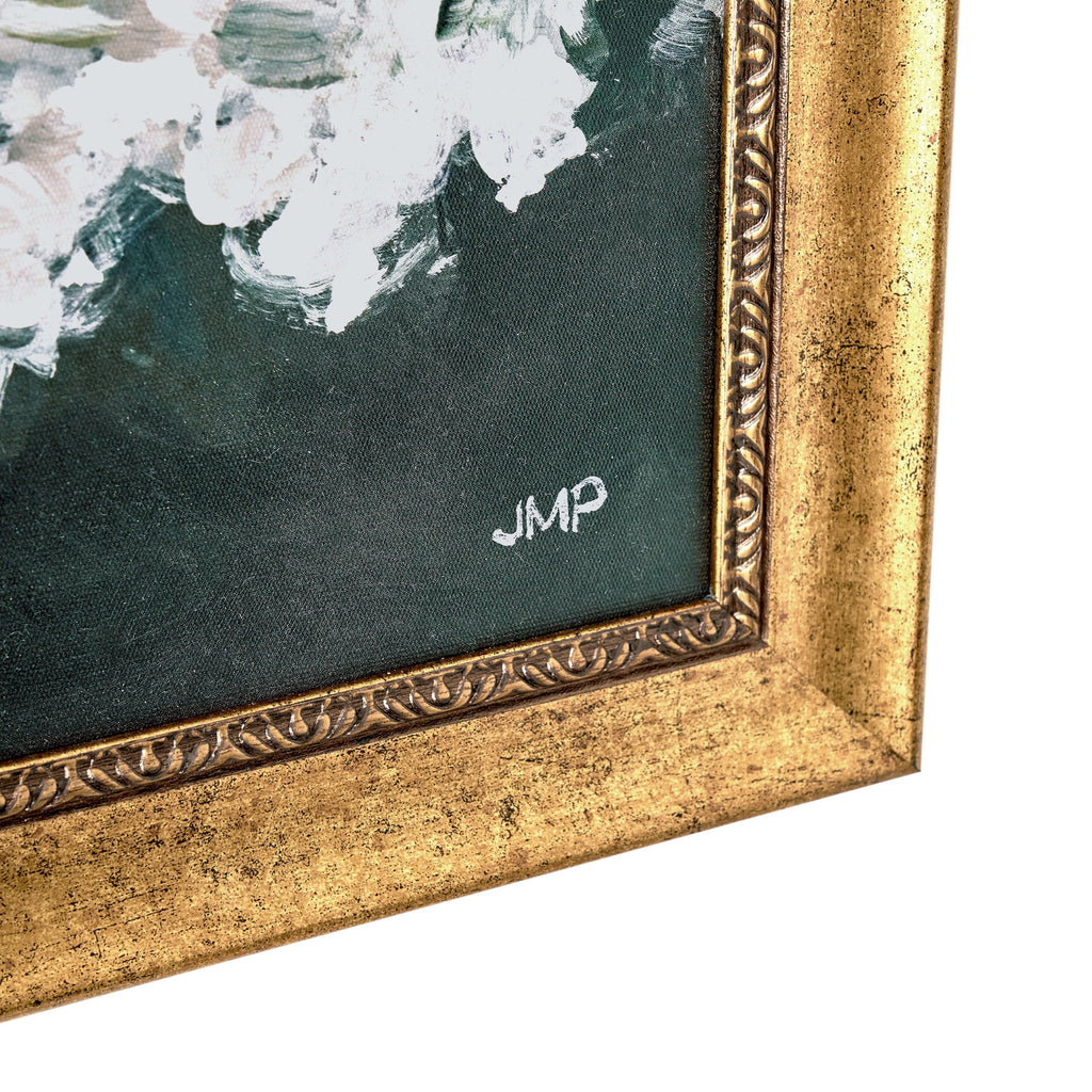 Spring Beauty White Floral Wall Art – Brush Texture Print in Antique Gold Frame – Elegant Flower Art, 16X20