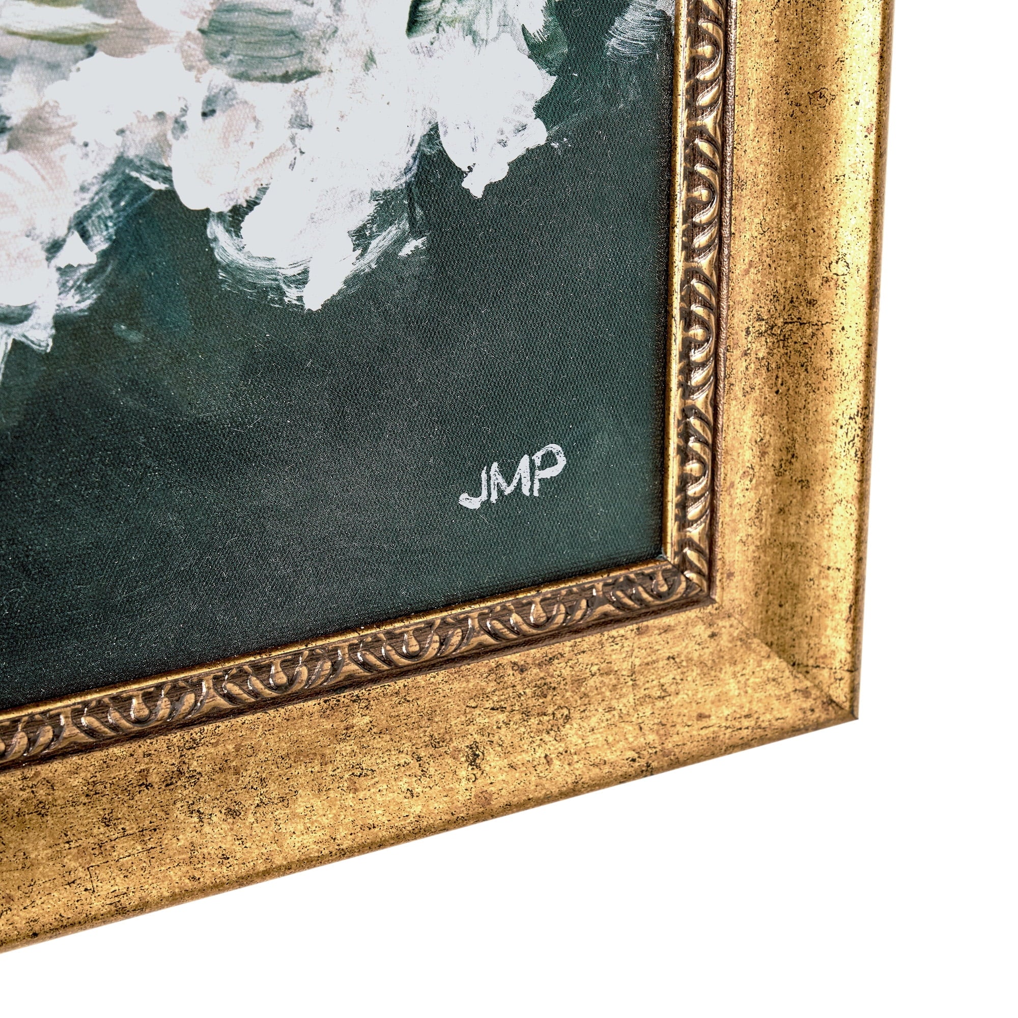 Spring Beauty White Floral Wall Art – Brush Texture Print in Antique Gold Frame – Elegant Flower Art, 16X20