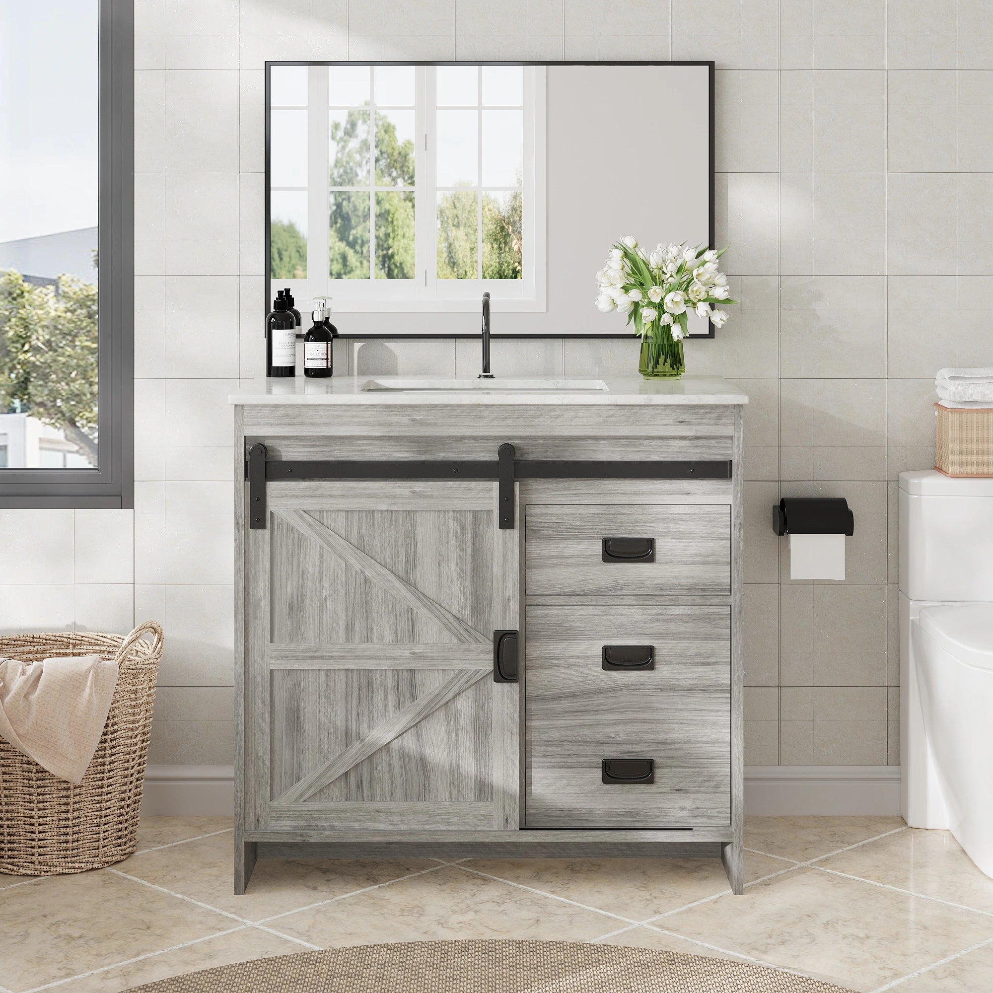 Farmhouse Bathroom Vanity with Ceramic Top and Sliding Barn Door Sink Cabinet, Rustic Single Sink Vanity