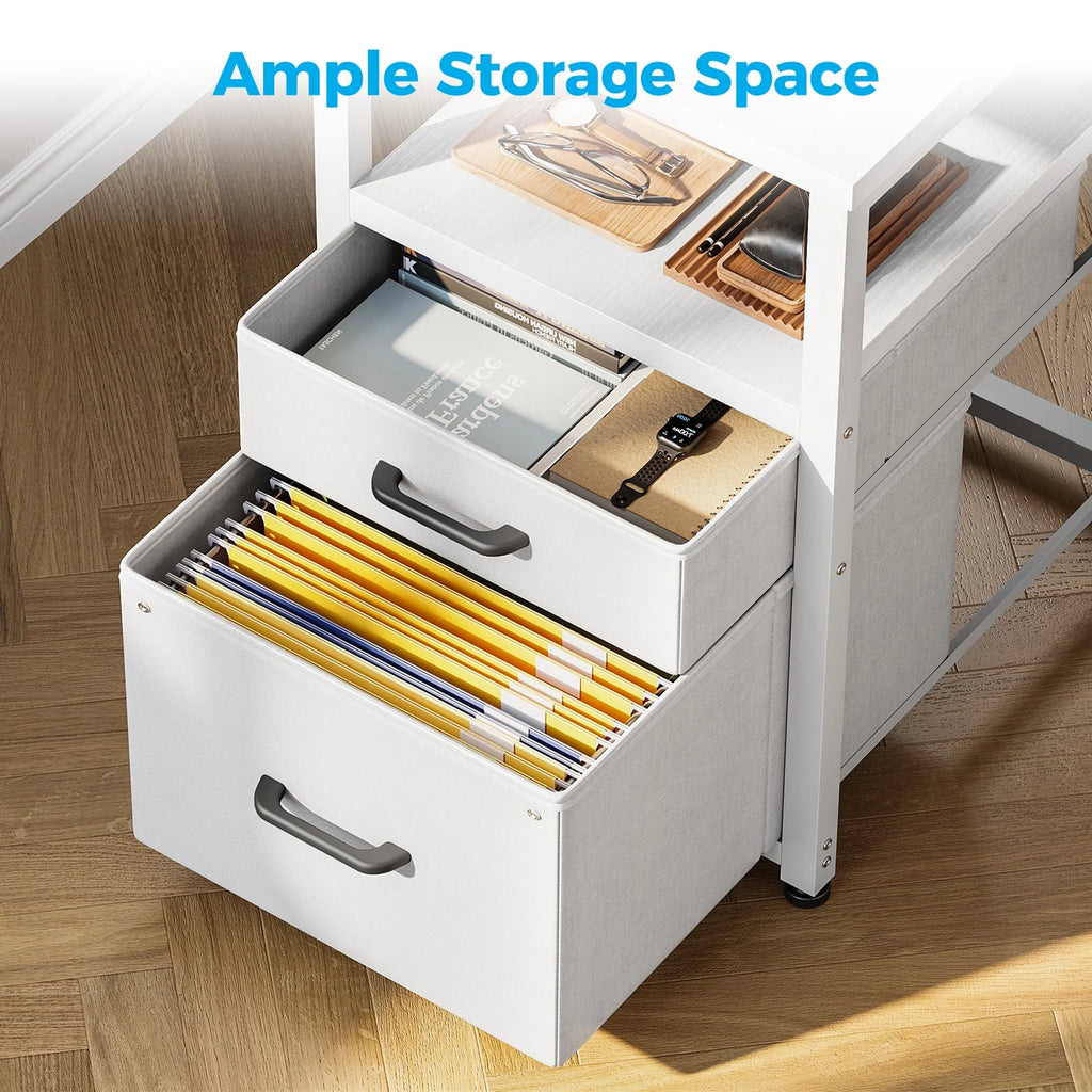 55 Inch Computer Desk with 5 Drawers and File Cabinet for Storage, Office Desk with Storage Shelf & Power Outlets, Home Office Desks, White