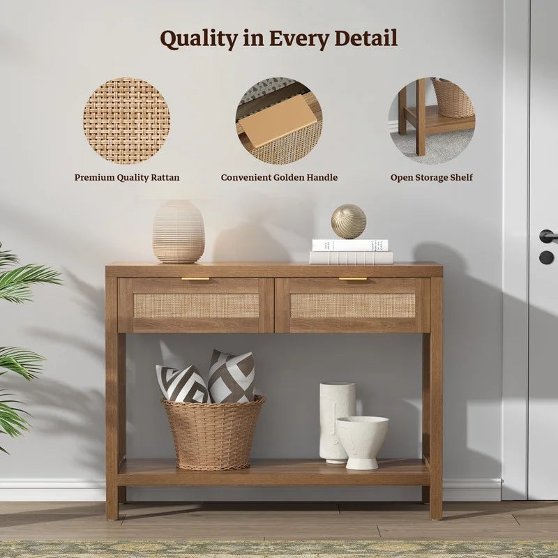 Rattan Console Table with Drawers & Open Storage Shelf