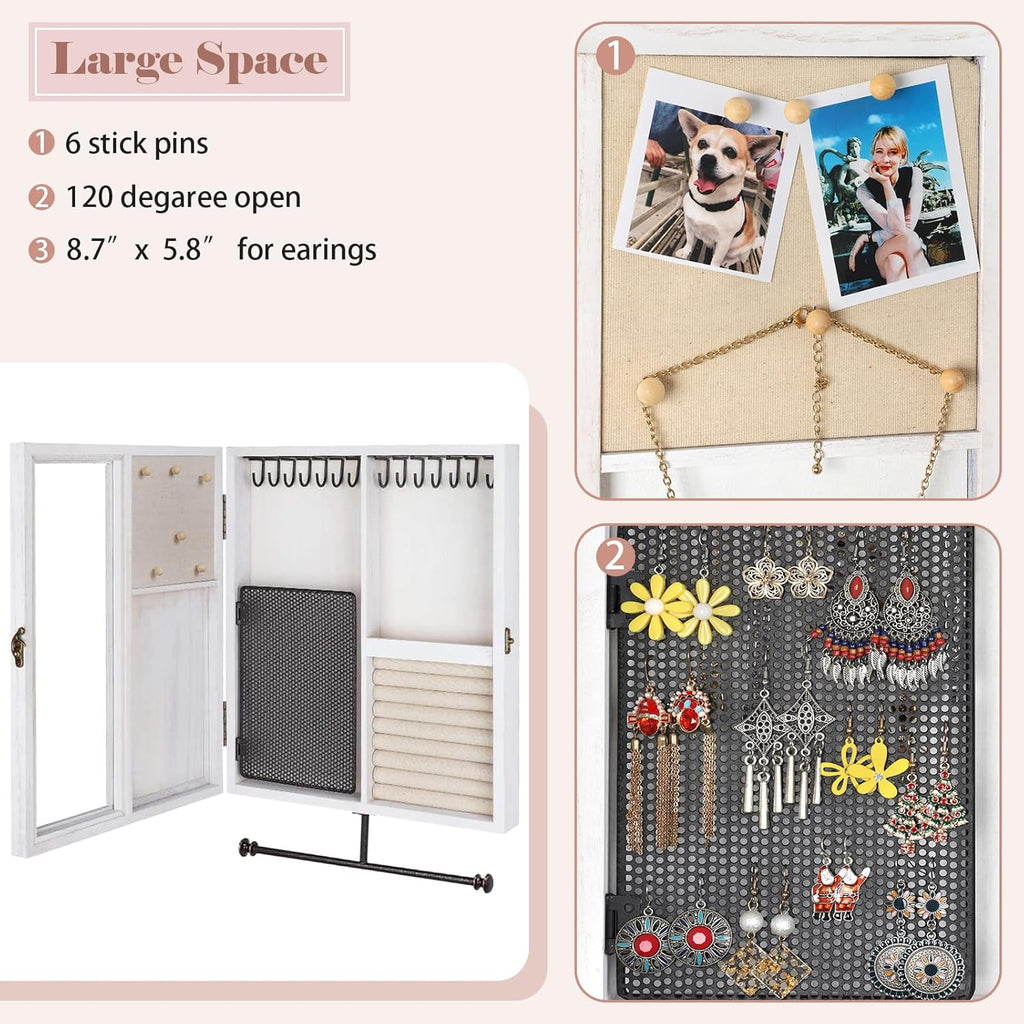 Wall Mounted Jewelry Organizer with Rustic Wood Large Space Jewelry Cabinet, Holder, Storage Box for Necklaces, Earrings, Bracelets, Ring Holder, and Accessories White