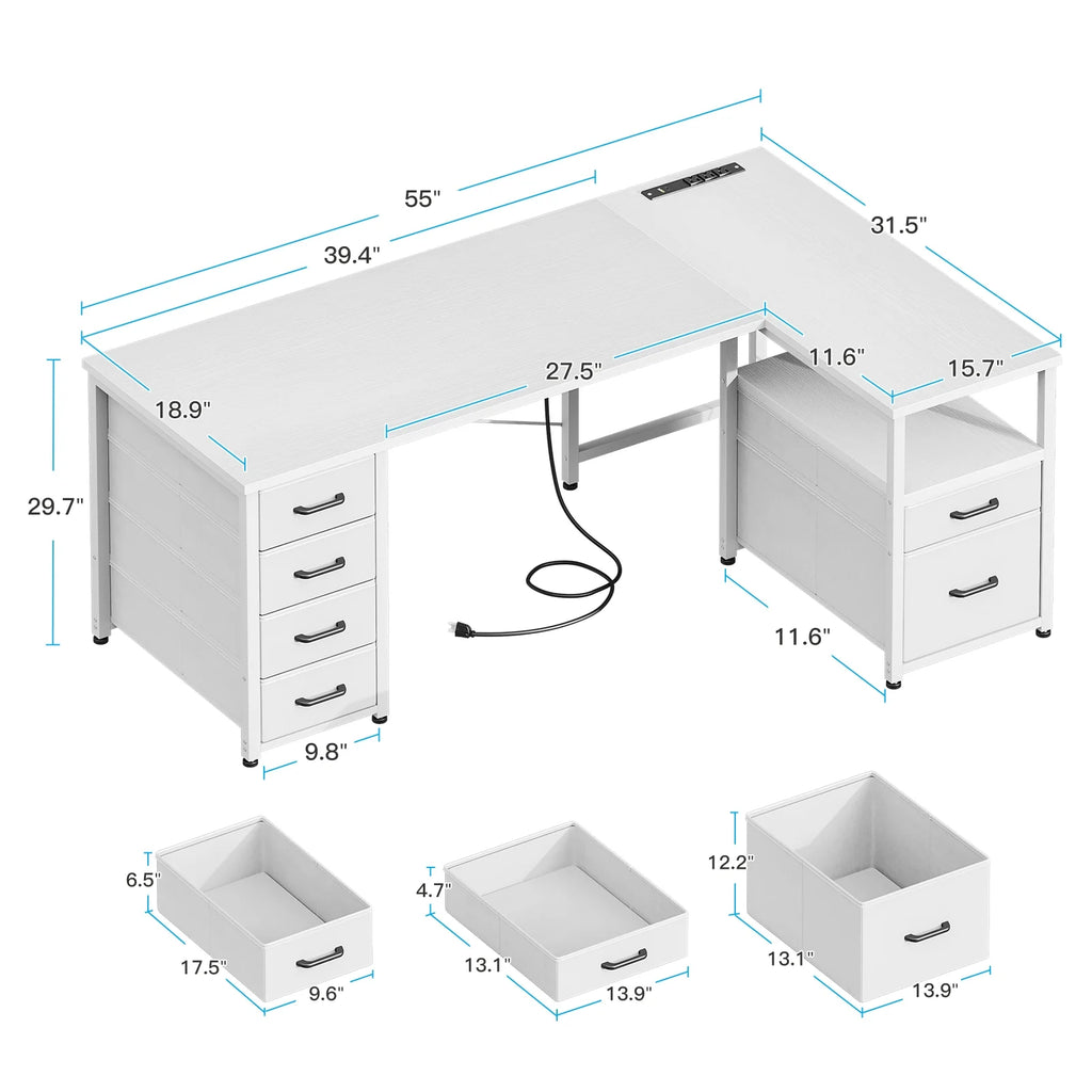 55 Inch Computer Desk with 5 Drawers and File Cabinet for Storage, Office Desk with Storage Shelf & Power Outlets, Home Office Desks, White