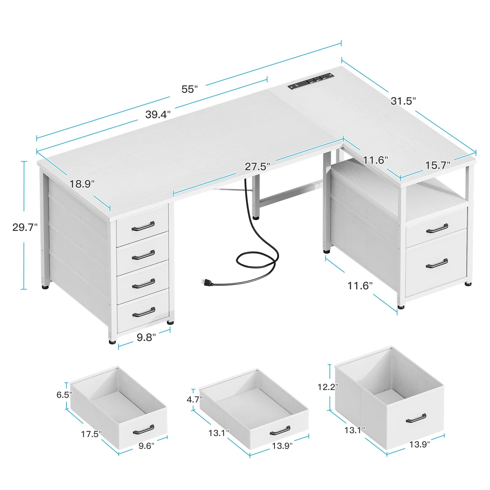 55 Inch Computer Desk with 5 Drawers and File Cabinet for Storage, Office Desk with Storage Shelf & Power Outlets, Home Office Desks, White