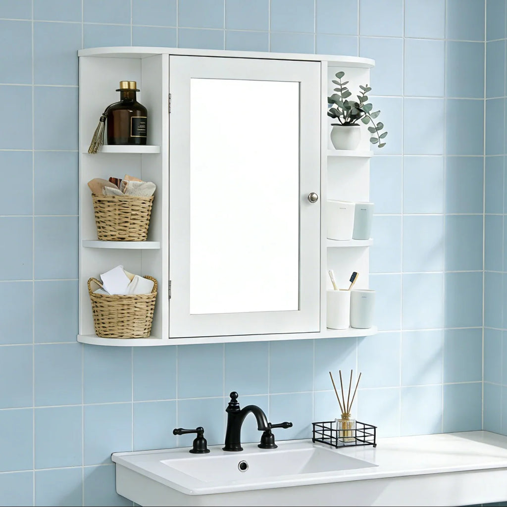 Wooden Bathroom Medicine Cabinet with Mirror Door & 8 Shelves, Wall Mounted Storage Organizer, White