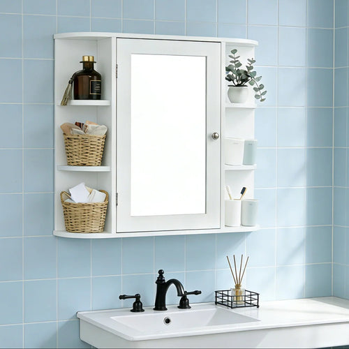 Wooden Bathroom Medicine Cabinet with Mirror Door & 8 Shelves, Wall Mounted Storage Organizer, White