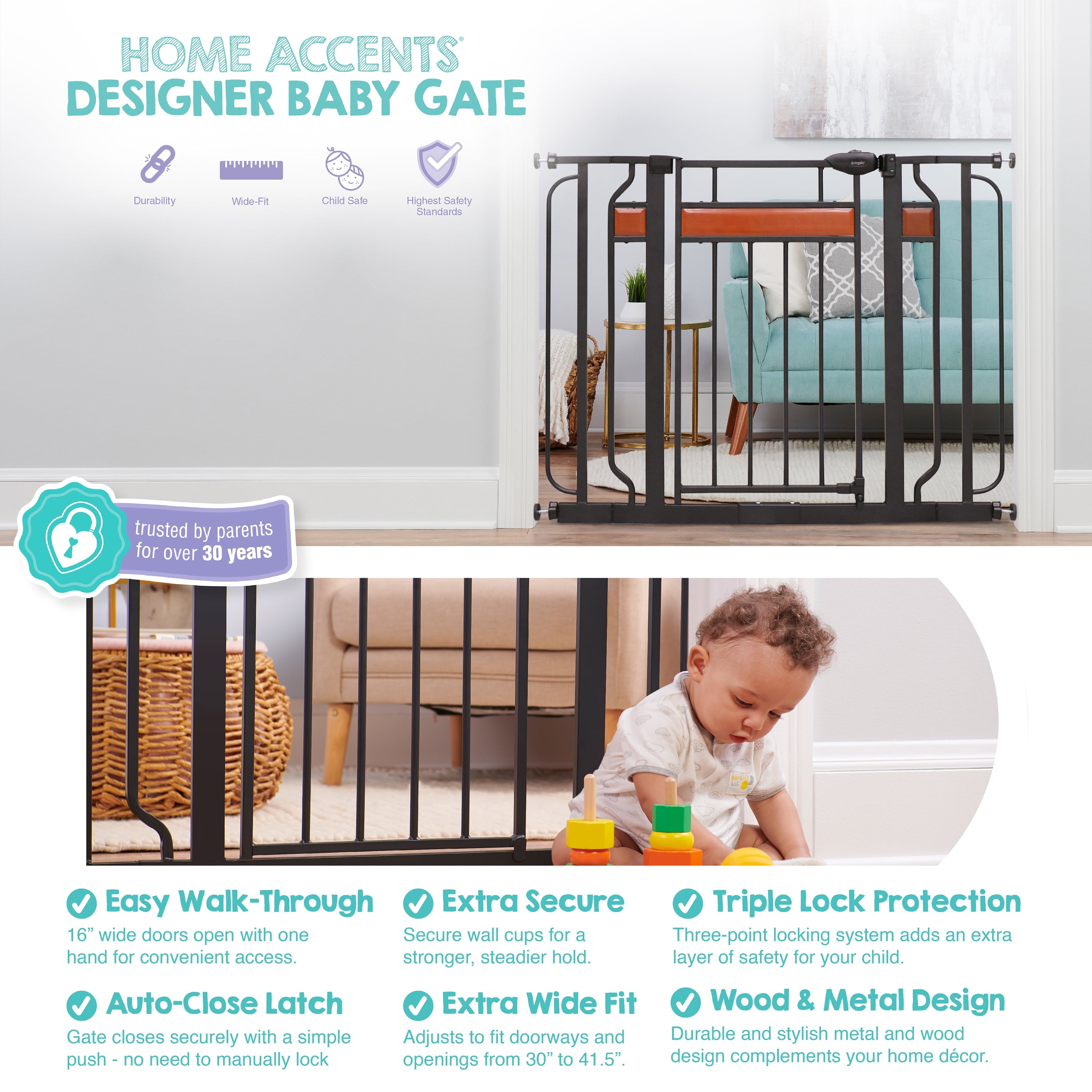 Extra Wide Baby Safety Gate 30–42 Inch Walk Through Black