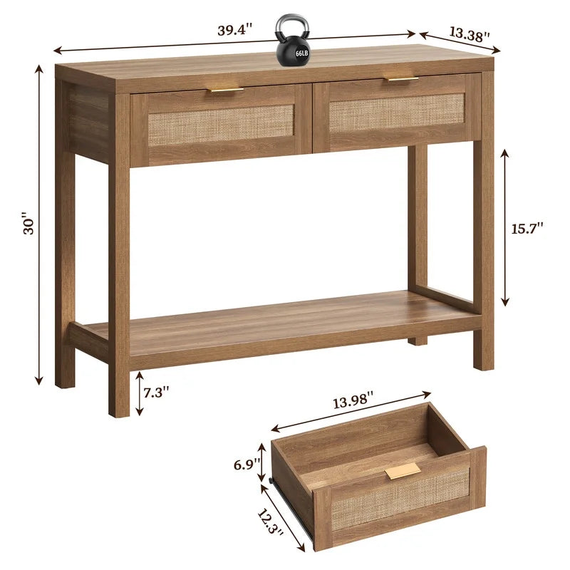 Rattan Console Table with Drawers & Open Storage Shelf