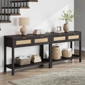 Console Table Set of 2 with 2 Rattan Drawers,Boho Wood Entryway Table Hallway Table Sofa Table with Open Storage Shelf for Living Room,Foyer and Corridor,Black Oak