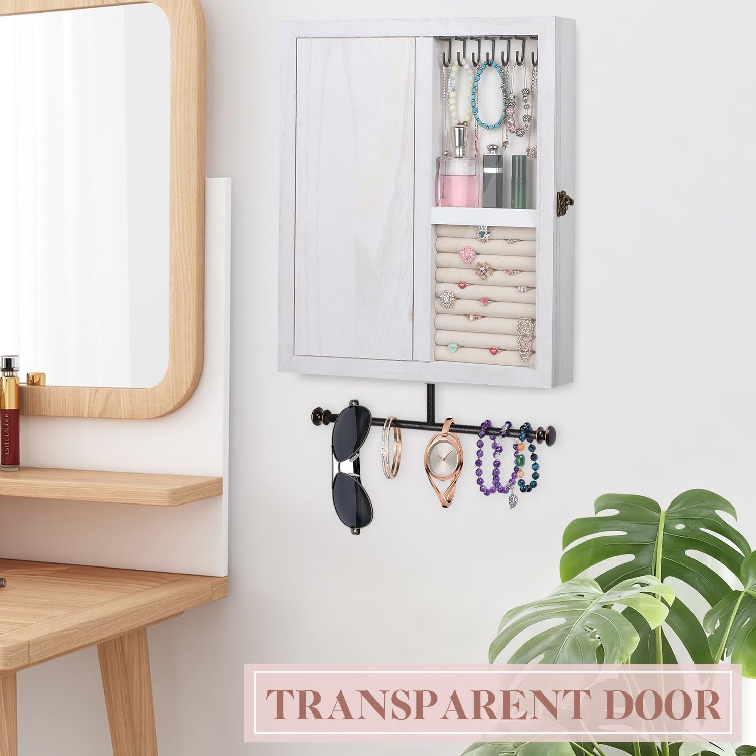 Wall Mounted Jewelry Organizer with Rustic Wood Large Space Jewelry Cabinet, Holder, Storage Box for Necklaces, Earrings, Bracelets, Ring Holder, and Accessories White