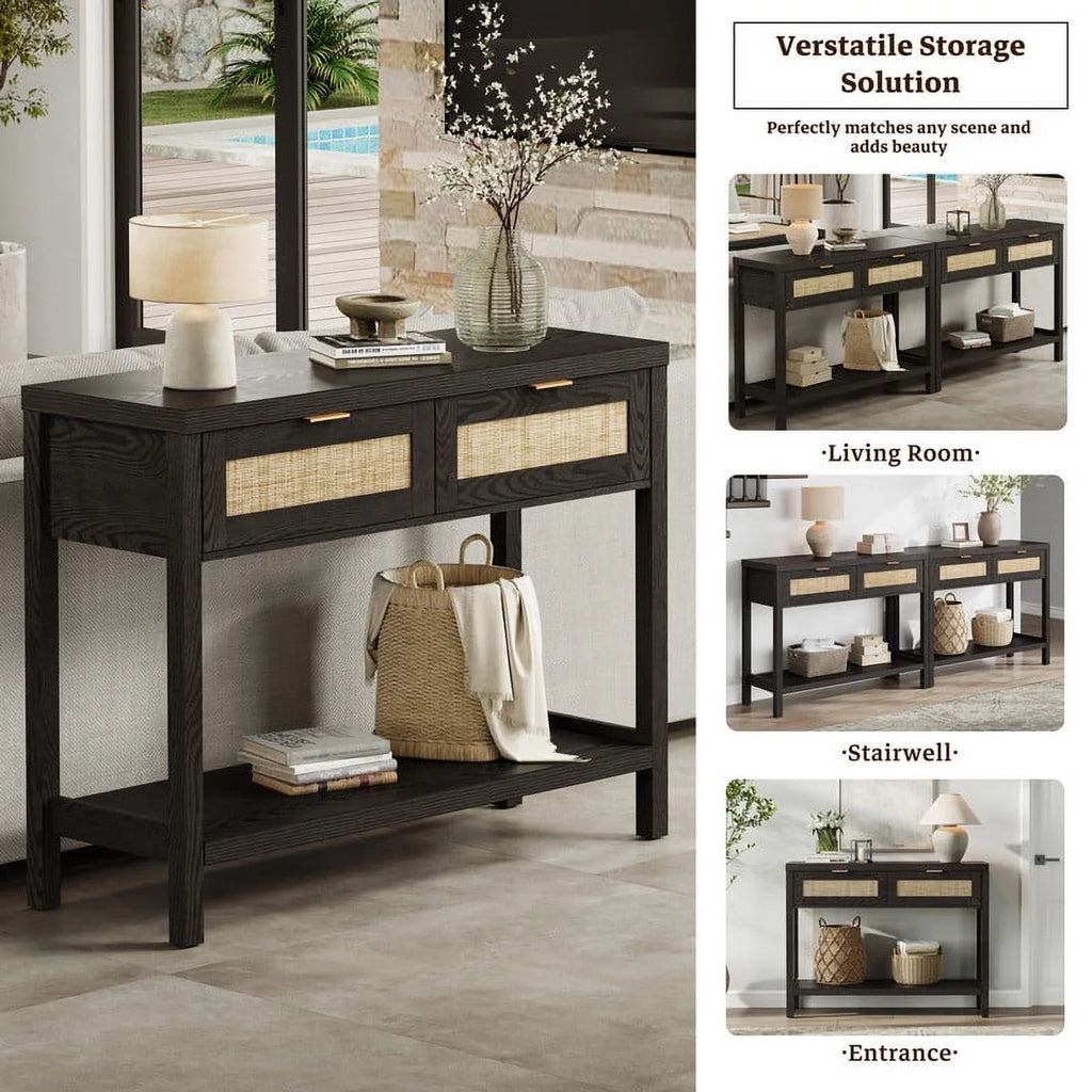 Console Table Set of 2 with 2 Rattan Drawers,Boho Wood Entryway Table Hallway Table Sofa Table with Open Storage Shelf for Living Room,Foyer and Corridor,Black Oak