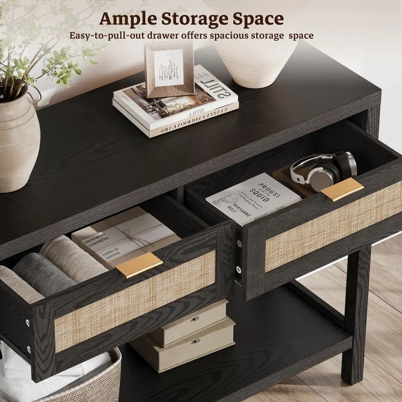 Console Table Set of 2 with 2 Rattan Drawers,Boho Wood Entryway Table Hallway Table Sofa Table with Open Storage Shelf for Living Room,Foyer and Corridor,Black Oak