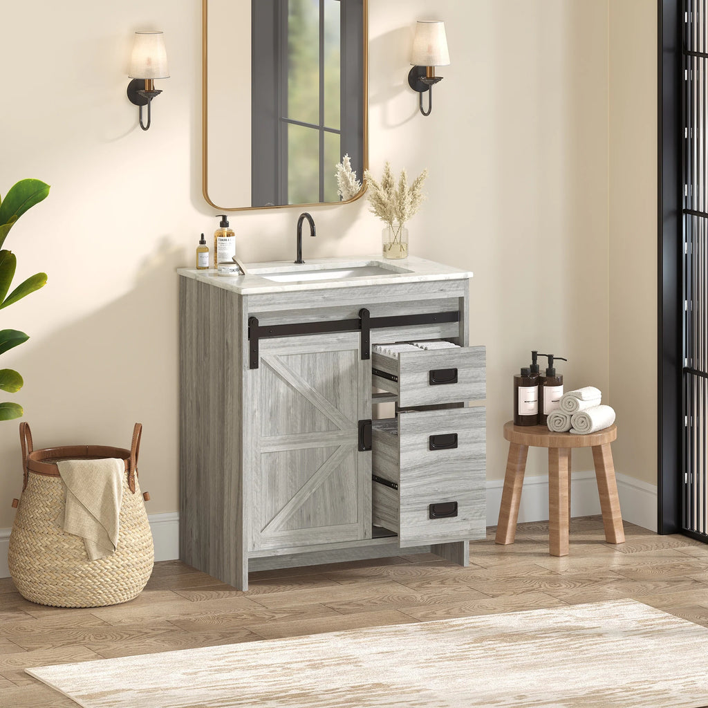 Farmhouse Bathroom Vanity with Ceramic Top and Sliding Barn Door Sink Cabinet, Rustic Single Sink Vanity