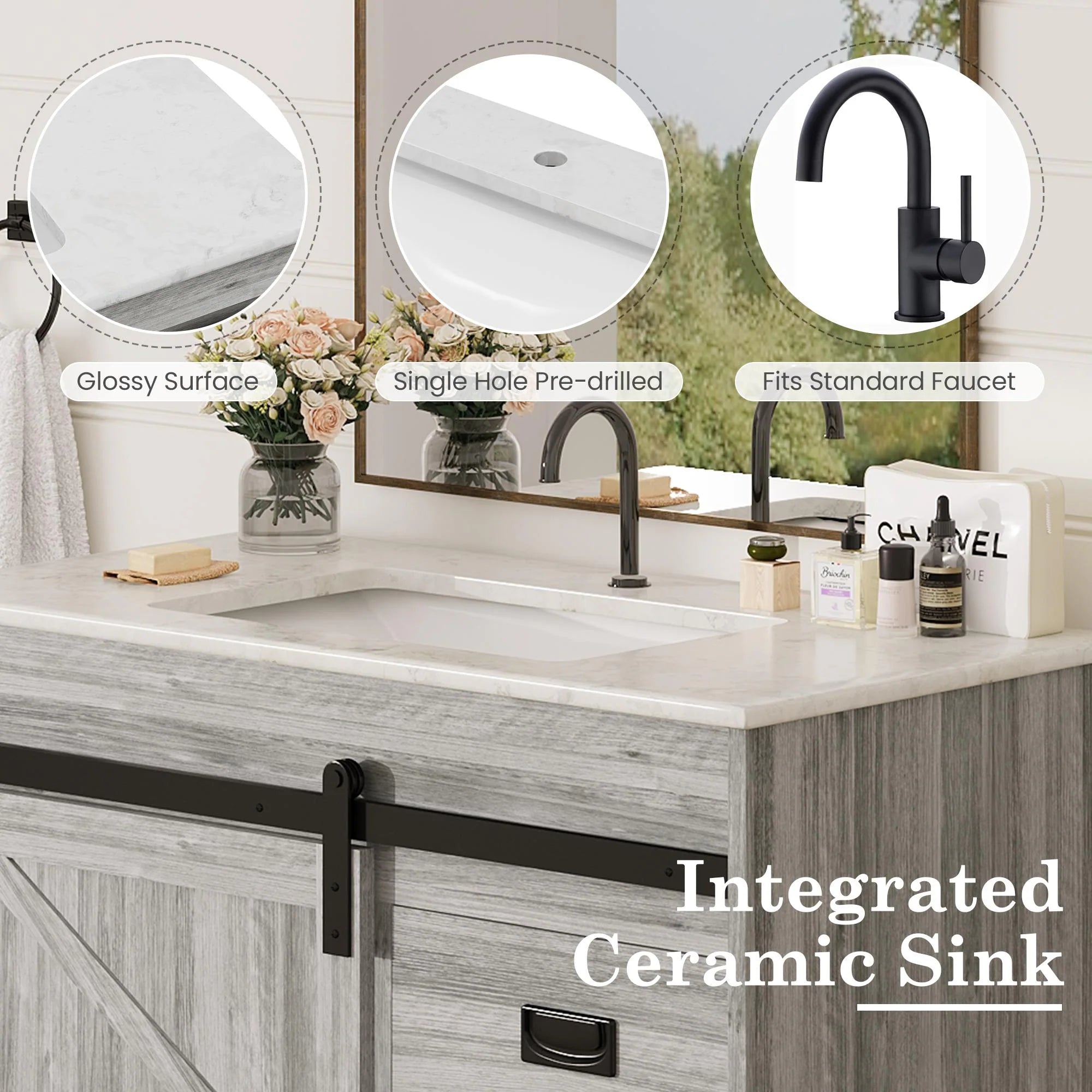 Farmhouse Bathroom Vanity with Ceramic Top and Sliding Barn Door Sink Cabinet, Rustic Single Sink Vanity