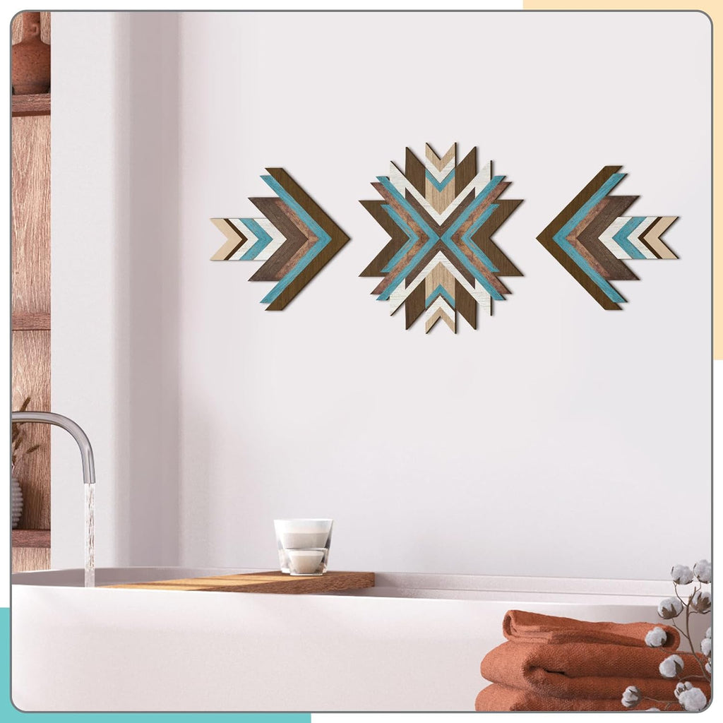 3 Pcs Wooden Western Aztec Wall Decor Southwestern Native American Decor Boho Modern Abstract Art Prints American Boho Bathroom Bedroom Living Room Rustic Home Decoration(Blue)