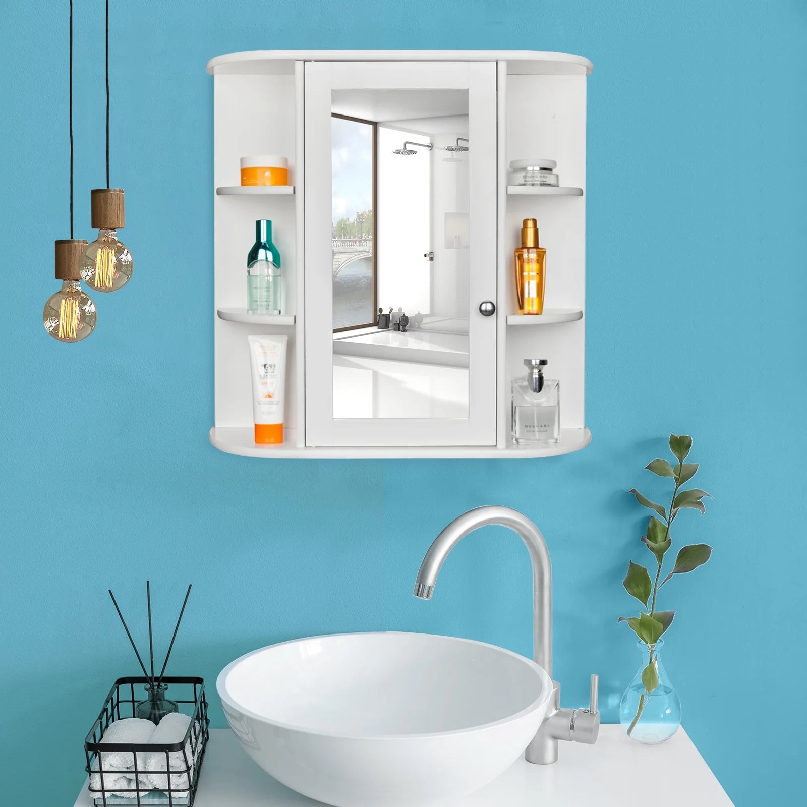 Wooden Bathroom Medicine Cabinet with Mirror Door & 8 Shelves, Wall Mounted Storage Organizer, White