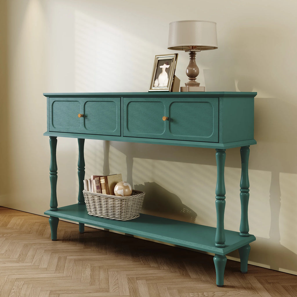 47" Mid Century Console Table, Aged Finish Entryway Table with Storage Shelf for Hallway, Green