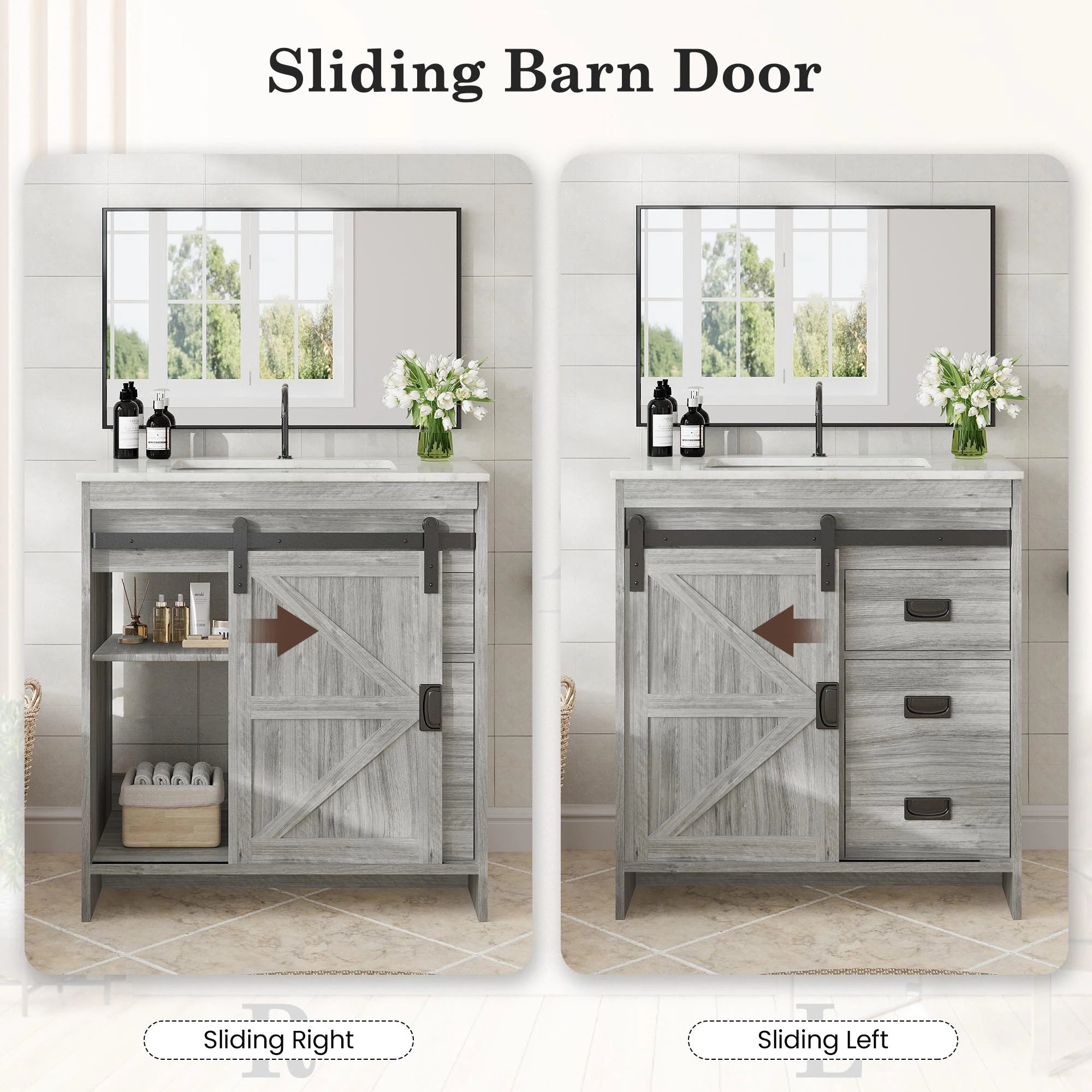 Farmhouse Bathroom Vanity with Ceramic Top and Sliding Barn Door Sink Cabinet, Rustic Single Sink Vanity