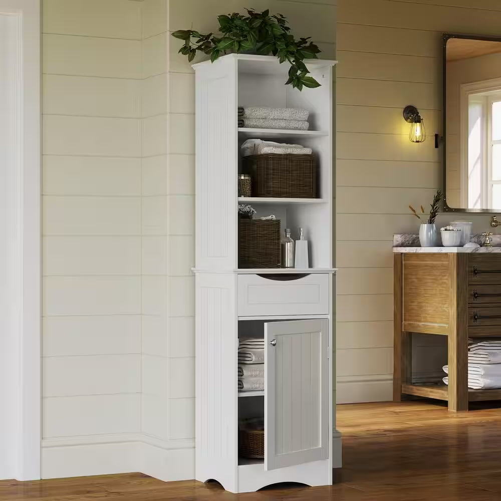 Bathroom Linen Cabinet Tall White Storage Organizer with Drawer