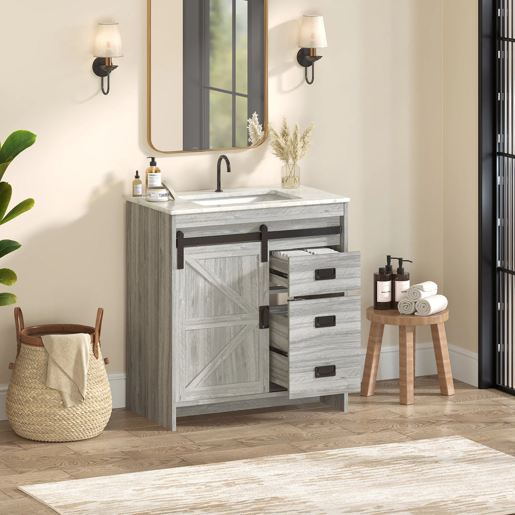 Farmhouse Bathroom Vanity with Ceramic Top and Sliding Barn Door Sink Cabinet, Rustic Single Sink Vanity
