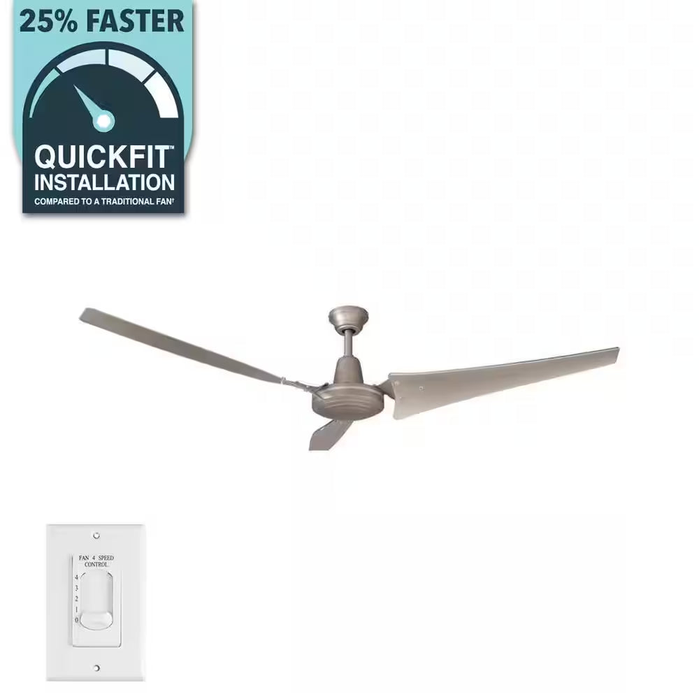 Industrial 60 In. Indoor/Outdoor Brushed Steel Ceiling Fan with Wall Control, Downrod and Powerful Reversible Motor